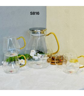 ست پارچ و لیوان پیرکس چندضلعی دسته طلایی
