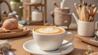 یک فنجان لاته ماکیاتو روی میز آشپزخانه